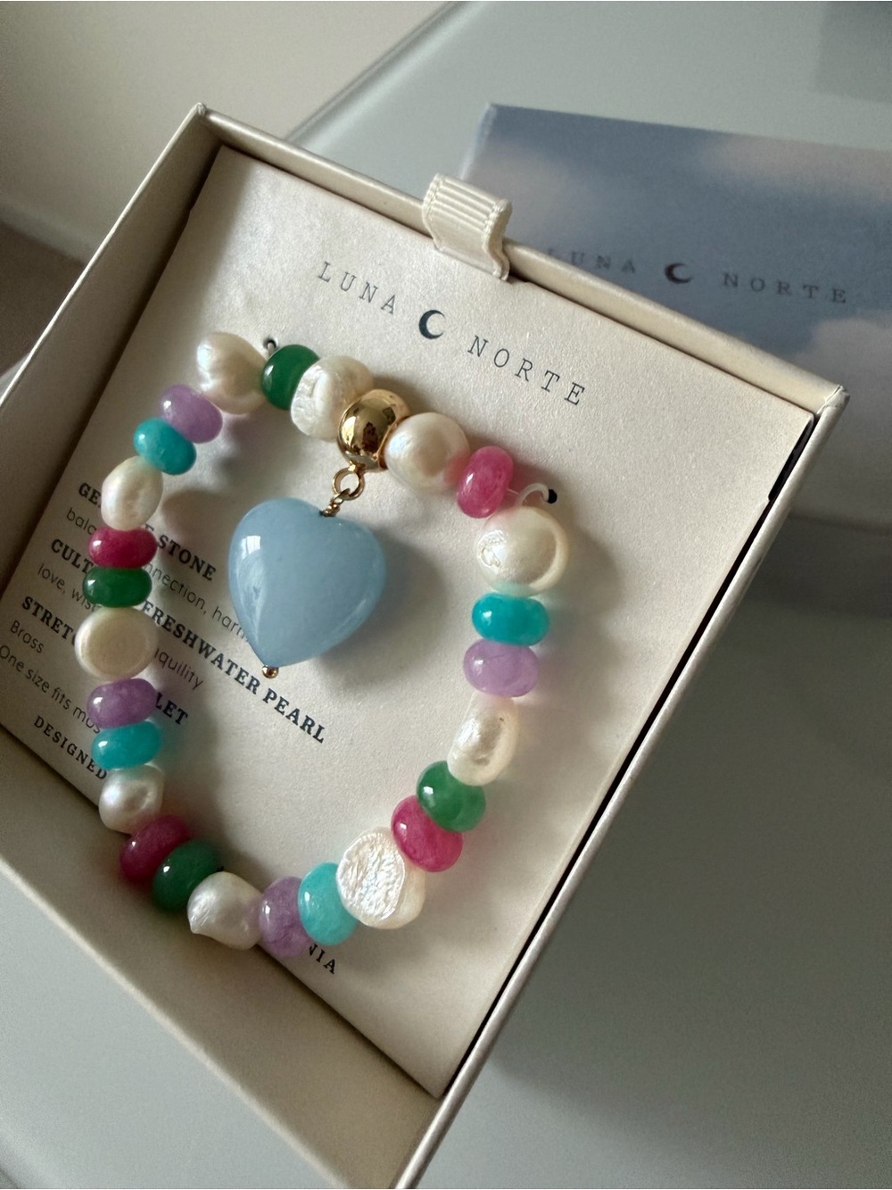 Luna Norte beaded colorful Pearl heart charm stretch Bracelet
